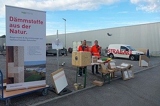 Tag der offenen Tür Dieses Bild zeigt uns hinter unserem Stand. Auf diesem sind unserer Produkte ausgestellt und links daneben steht ein Roll Up