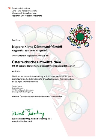 Dieses Bild zeigt die Urkunde des österreichischen Umweltzeichen