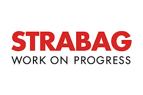 Strabag Dieses Bild zeigt das STRABAG Logo. Der Schriftzug Strabag ist rot und darunter befindet sich ein schwarzer Schriftzug: Work on progress